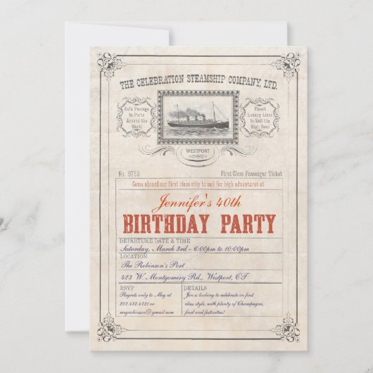 Invitation Anniversaire d'invitation de billet de bateau de (Devant)