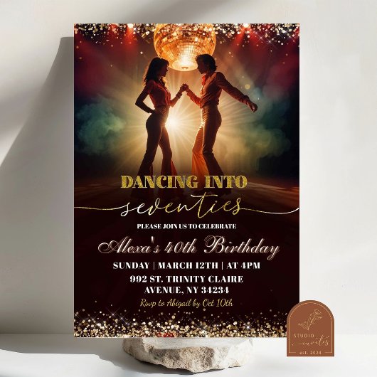 Invitation Anniversaire disco danse groovy or 70s