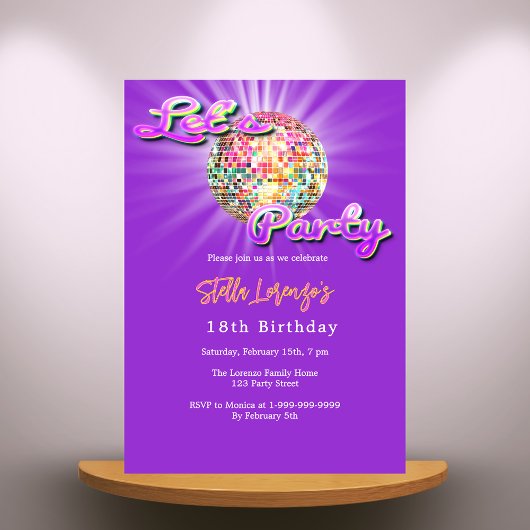 Invitation Anniversaire Disco fête rose violet