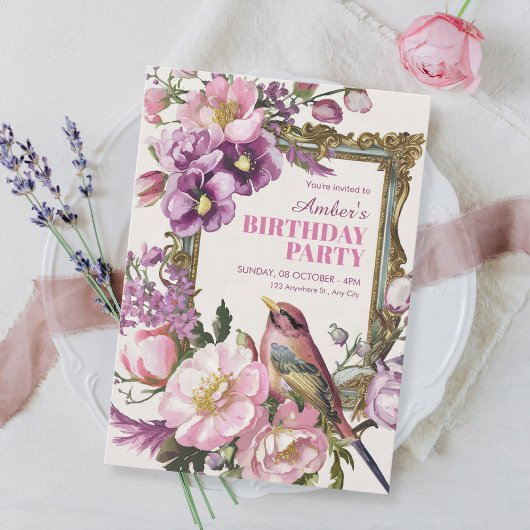 Invitation Anniversaire d'oiseau rose floral