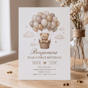 Invitation Anniversaire Douce Ours Neutre Montgolfière