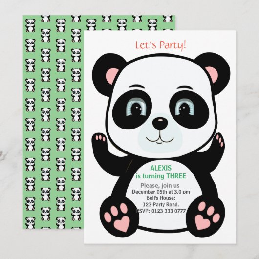 Invitation Anniversaire d'ourson panda mignon (Devant / Derrière)