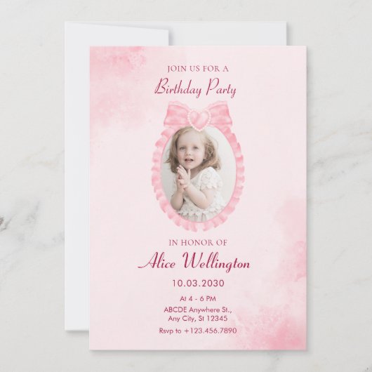 Invitation Anniversaire doux rose ruban doux arc ceinture pho (Devant)