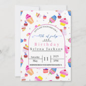 Invitation Anniversaire du 4 juillet gâteau rose avec drapeau (Devant)