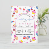 Invitation Anniversaire du 4 juillet gâteau rose avec drapeau (Debout devant)