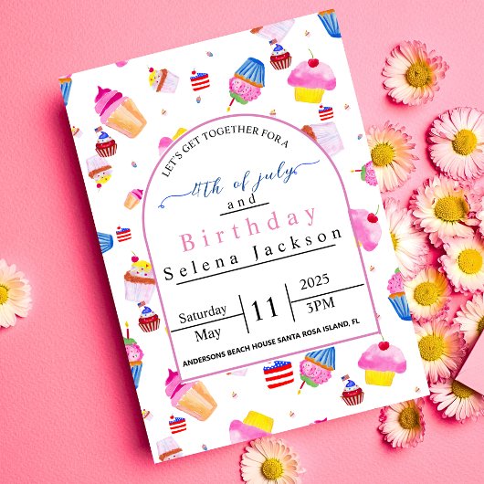 Invitation Anniversaire du 4 juillet gâteau rose avec drapeau