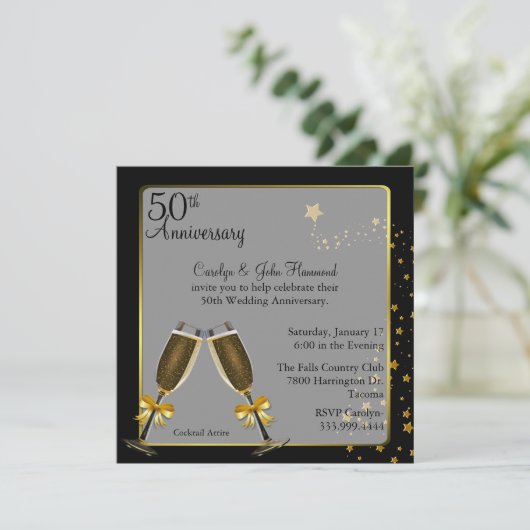 Invitation Anniversaire du 50e Mariage noir et or chic (Debout devant)