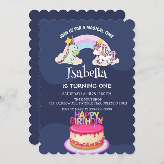 Invitation Anniversaire du ballon arc-en-ciel Cute Dinosaur U (Devant / Derrière)