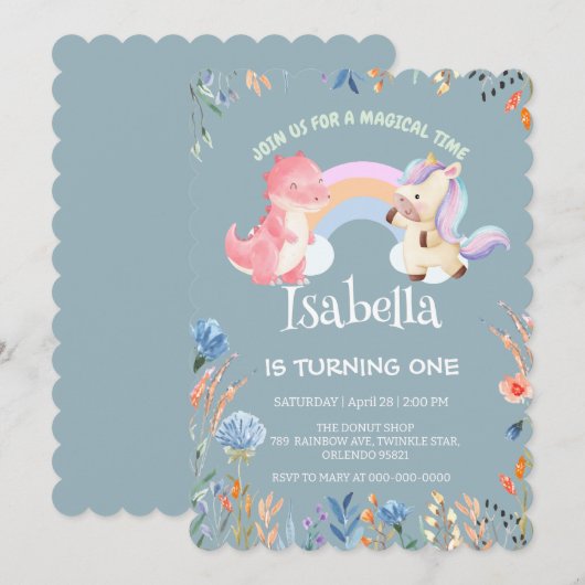 Invitation Anniversaire du ballon arc-en-ciel Cute Dinosaur U (Devant / Derrière)