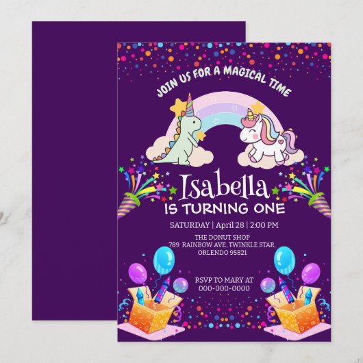 Invitation Anniversaire du ballon arc-en-ciel Cute Dinosaur U (Devant / Derrière)