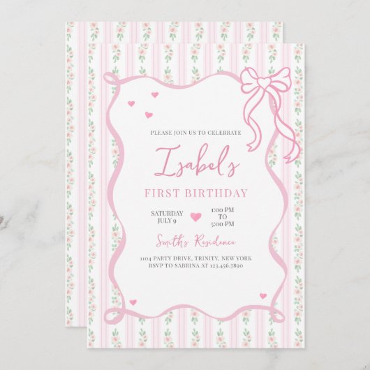 Invitation Anniversaire du Bow rose (Devant / Derrière)