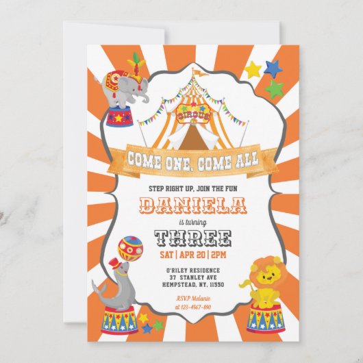 Invitation Anniversaire du Carnaval Cirque Orange (Devant)