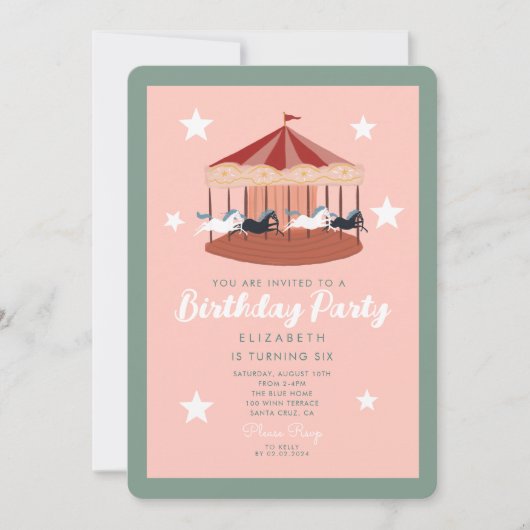 Invitation Anniversaire du carrousel rose aquarelle (Devant)