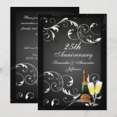 Invitation Anniversaire du Champagne d'argent noir et blanc (Devant / Derrière)
