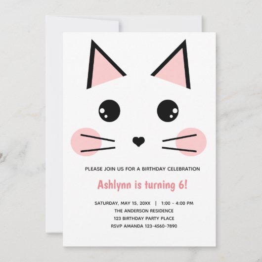 Invitation Anniversaire du chat rose (Devant)