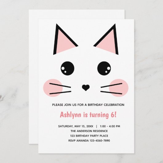 Invitation Anniversaire du chat rose (Devant / Derrière)