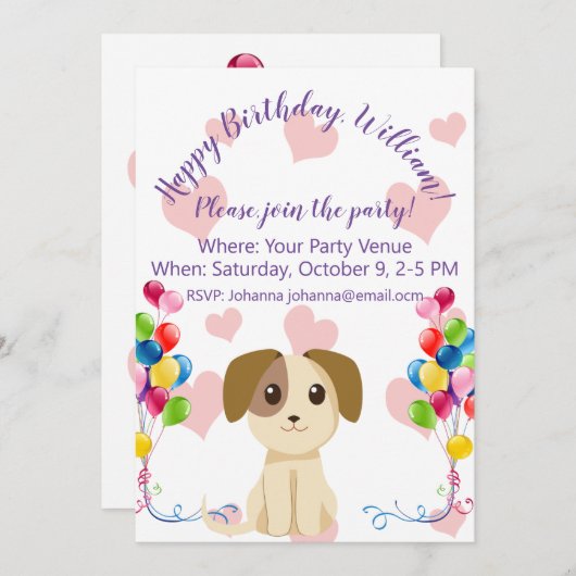 Invitation Anniversaire du chiot doux (Devant / Derrière)
