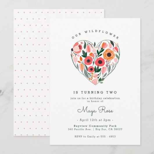 Invitation Anniversaire du coeur fleur sauvage (Devant / Derrière)