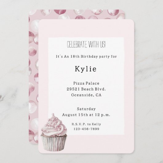 Invitation Anniversaire du Cupcake rose (Devant / Derrière)