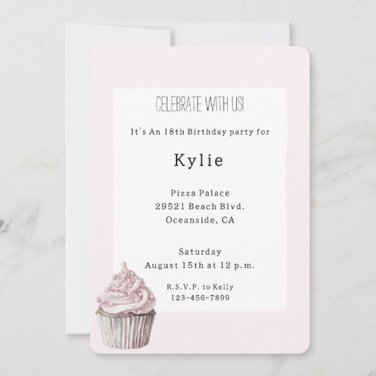 Invitation Anniversaire du Cupcake rose (Devant)
