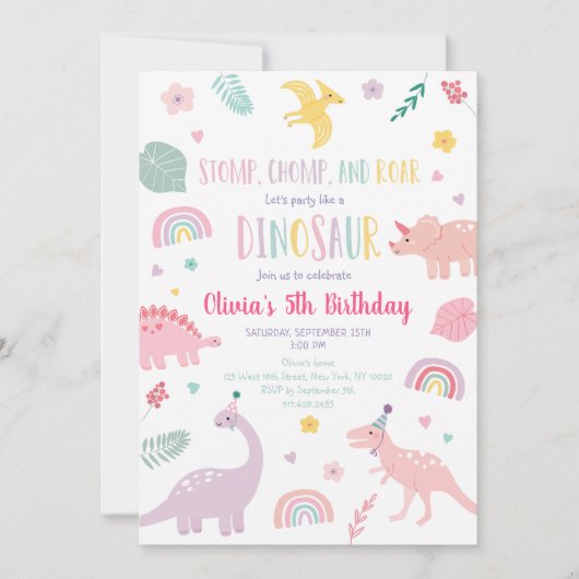 Invitation Anniversaire du Dinosaure Boho Rose (Devant)