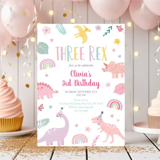 Invitation Anniversaire du dinosaure de trois roses