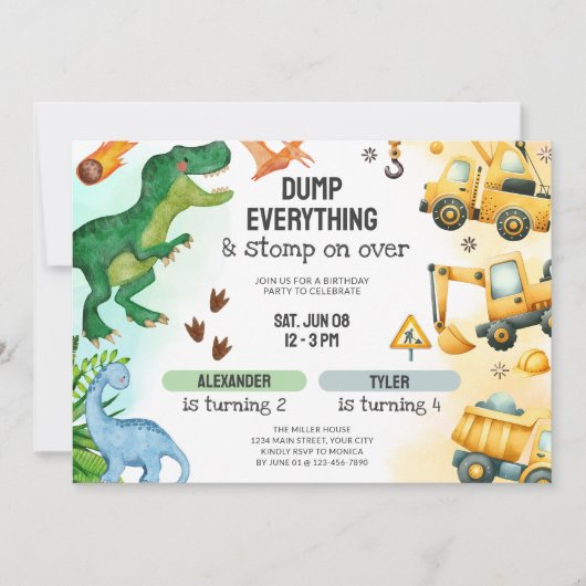Invitation Anniversaire du Dinosaure et frère de la construct (Devant)