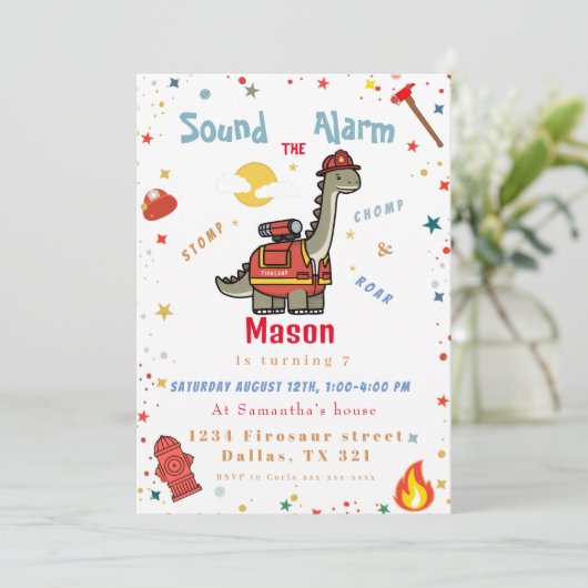Invitation Anniversaire du dinosaure pompier (Debout devant)