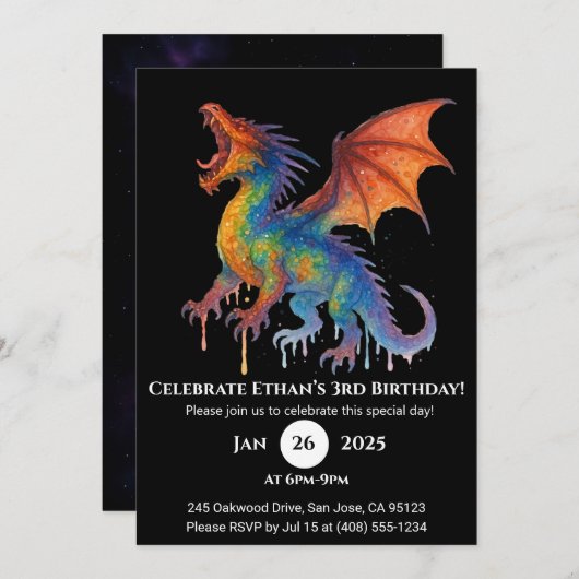 Invitation Anniversaire du dragon arc-en-ciel (Devant / Derrière)