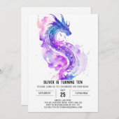 Invitation Anniversaire du dragon d'aquarelle magique (Devant / Derrière)