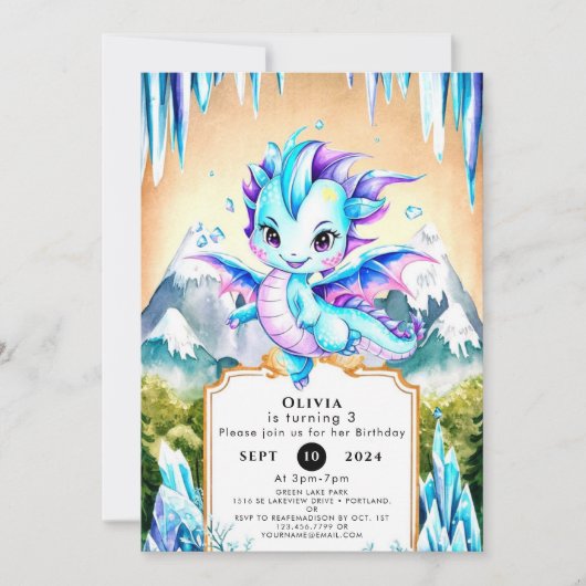 Invitation Anniversaire du dragon de glace mignon (Devant)