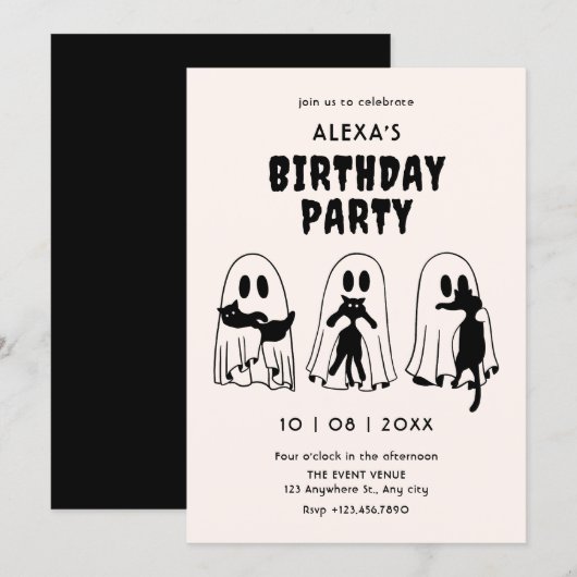 Invitation anniversaire du fantôme de chat noir (Devant / Derrière)