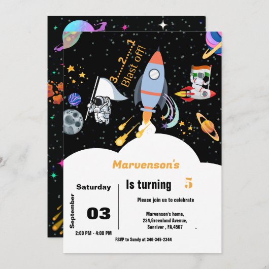 Invitation Anniversaire du garçon astronaute spatial (Devant / Derrière)