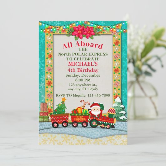 Invitation Anniversaire du garçon et le Père Noël en train (Debout devant)