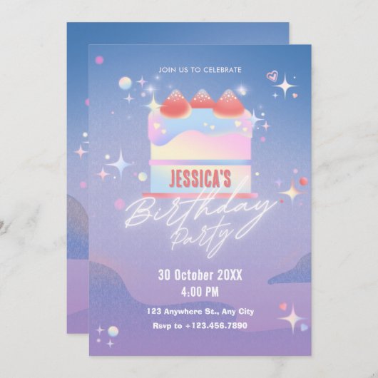 Invitation Anniversaire du gâteau à la fraise (Devant / Derrière)