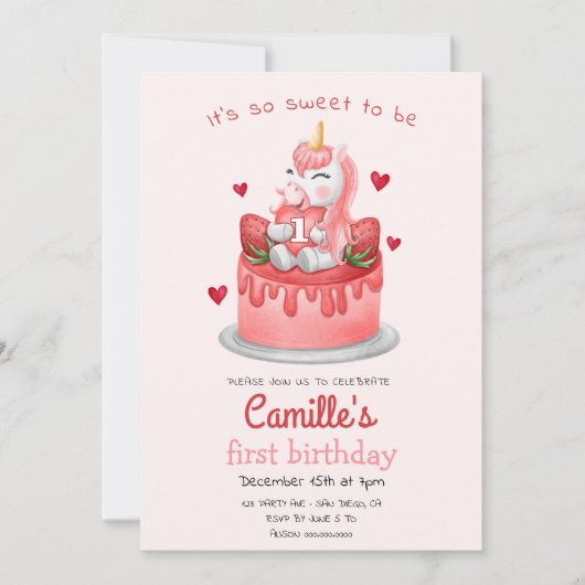 Invitation Anniversaire du gâteau à la fraise Unicorne (Devant)