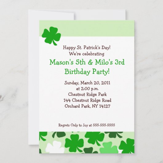 Invitation Anniversaire du JOUR DE LA SAINT PATRICK 5x7 de (Devant)