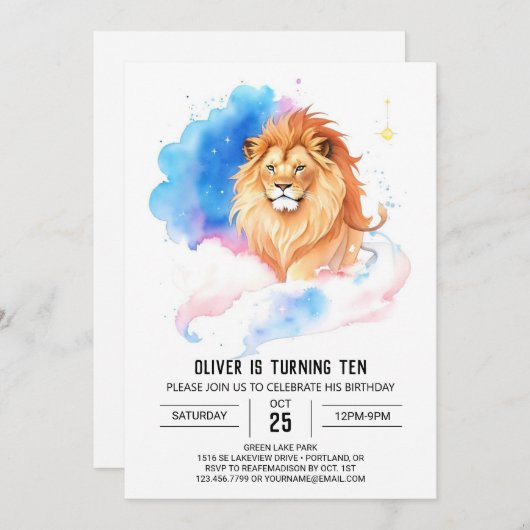 Invitation Anniversaire du lion chic moderne (Devant / Derrière)