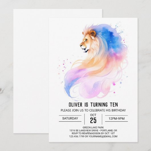 Invitation Anniversaire du Lion Pastel Whimsical (Devant / Derrière)