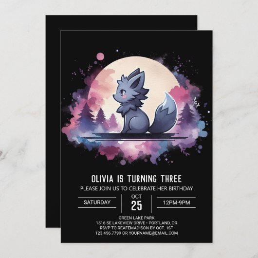 Invitation Anniversaire du Loup mignon (Devant / Derrière)