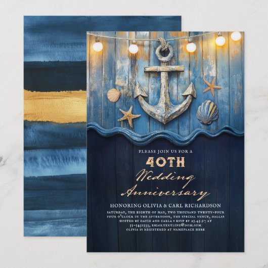 Invitation Anniversaire du Mariage bleu et or de la marine na (Devant / Derrière)