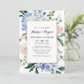 Invitation Anniversaire du Mariage Blue Hydrangeas and Pink R (Debout devant)