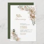 Invitation Anniversaire du Mariage botanique vert et or<br><div class="desc">Célébrez une journée spéciale avec cette belle invitation de fête d'anniversaire du mariage boho! Ce design présente de beaux bouquets bohèmes avec des couleurs dorées et vertes. Les fournitures de la partie correspondante sont disponibles à ma boutique BaraBomDesign. Merci !</div>