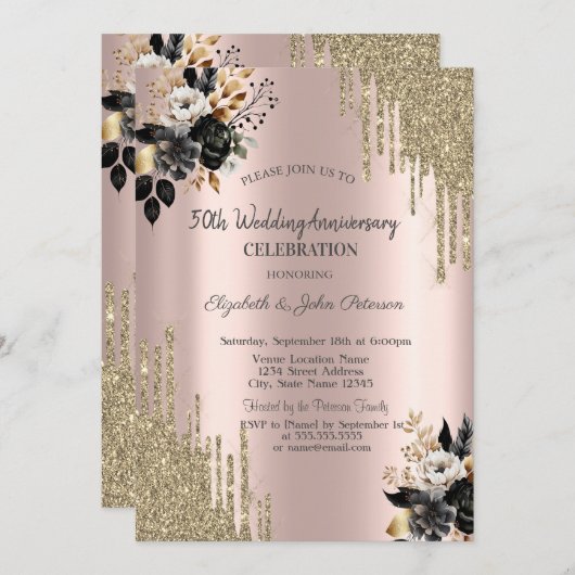 Invitation Anniversaire du Mariage des Parties scintillant Ro (Devant / Derrière)