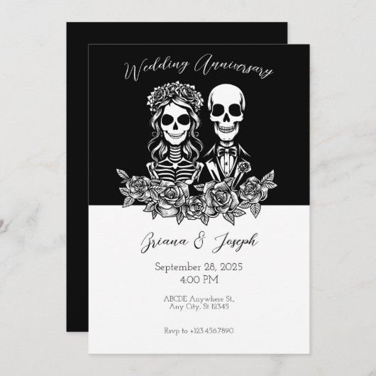 Invitation Anniversaire du Mariage du couple Crâne noir et bl (Devant / Derrière)