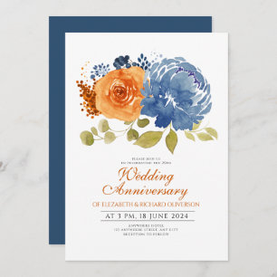 Invitation Anniversaire du Mariage floral bleu de la Marine