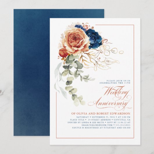 Invitation Anniversaire du Mariage floral bleu de Terracotta  (Devant / Derrière)