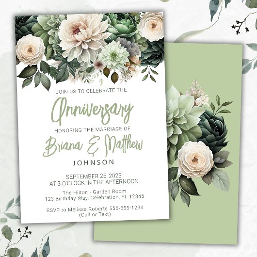 Invitation Anniversaire du Mariage floral vert Sage