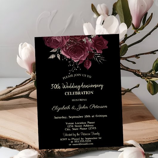 Invitation Anniversaire du Mariage noir Rose de Bourgogne chi