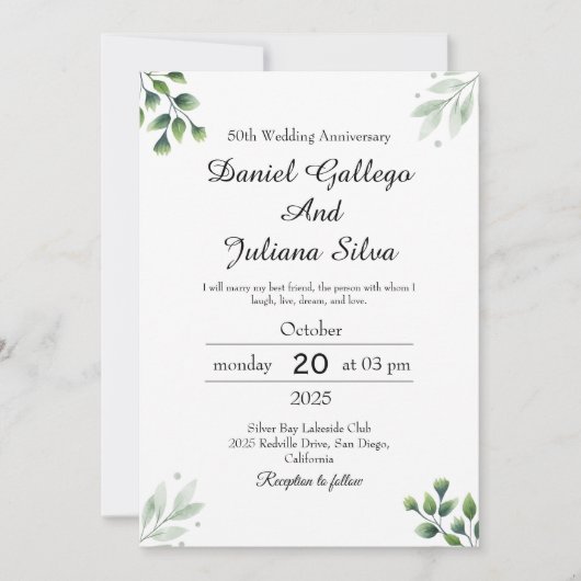 Invitation Anniversaire du Mariage standard de la feuille ver (Devant)